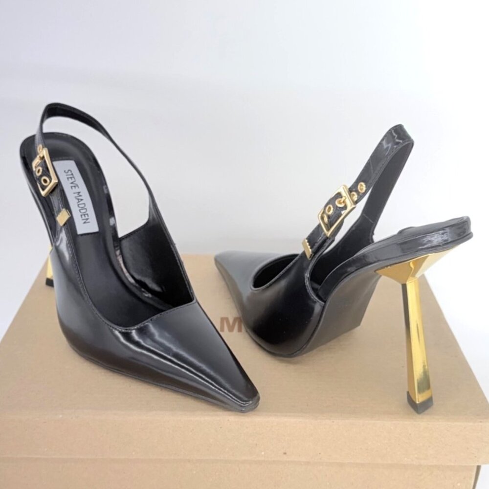 Steve Madden Divine Heels Black Gold Leather Pointy Toe Pumps Size 7 - Picture 2 of 8